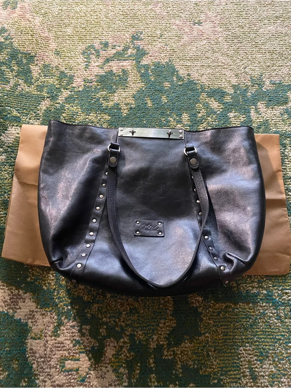 Patricia Nash Black Leather Studded Shoulder Tote